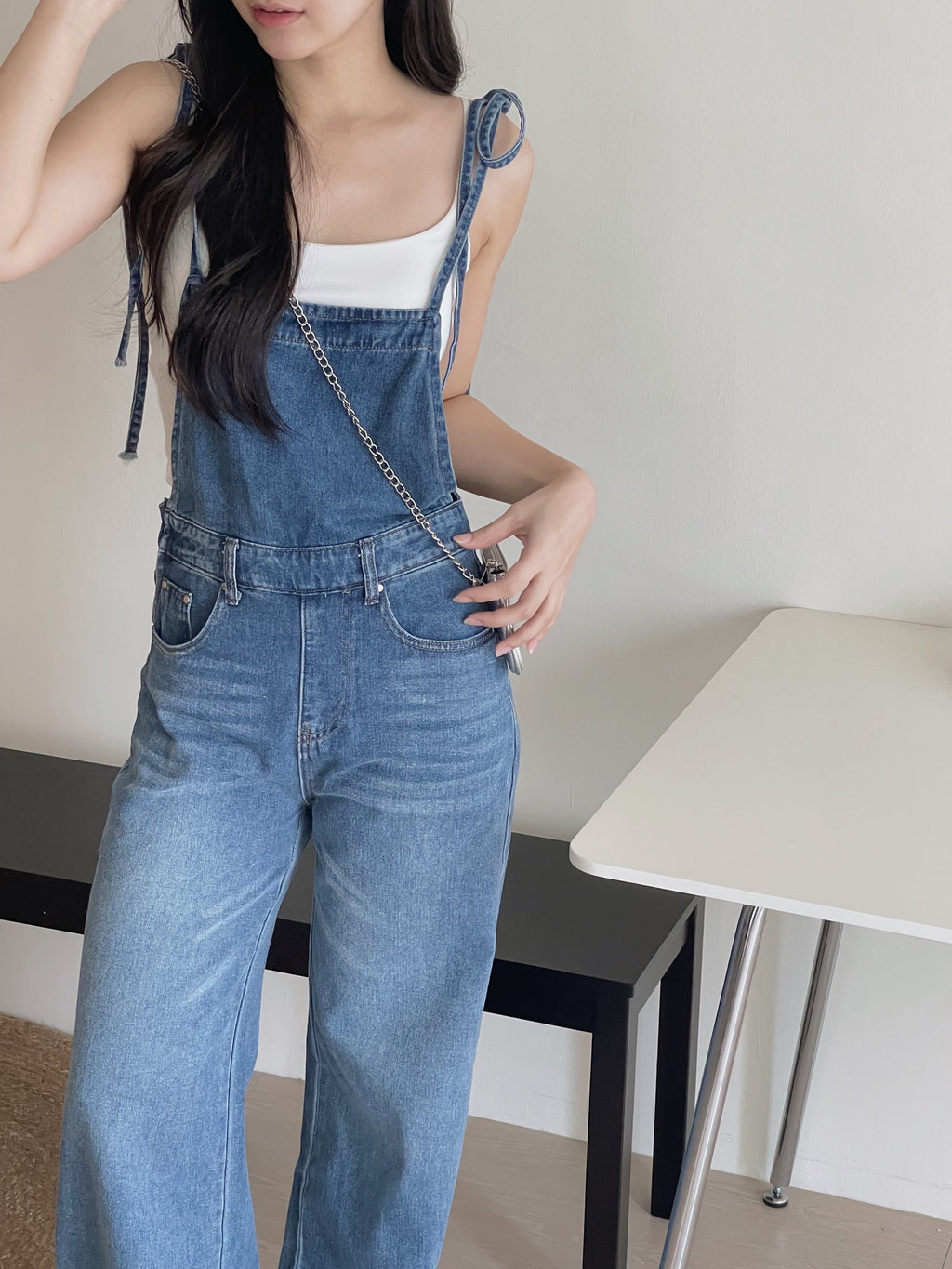Tie Strap Denim Dungaree / 牛仔系肩带复古背带裤