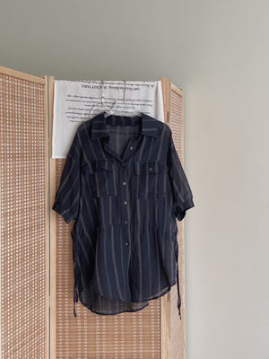 Navy Casual Striped Shirt / 慵懒宽松线条抽绳衬衫