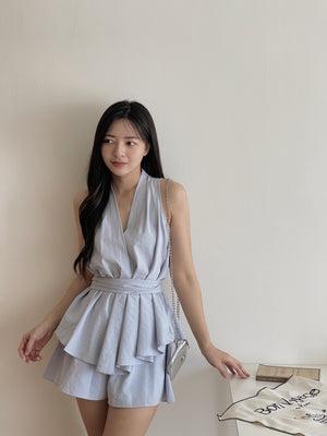 Peplum Sweet Top Set / V领收腰阔腿短裤套装