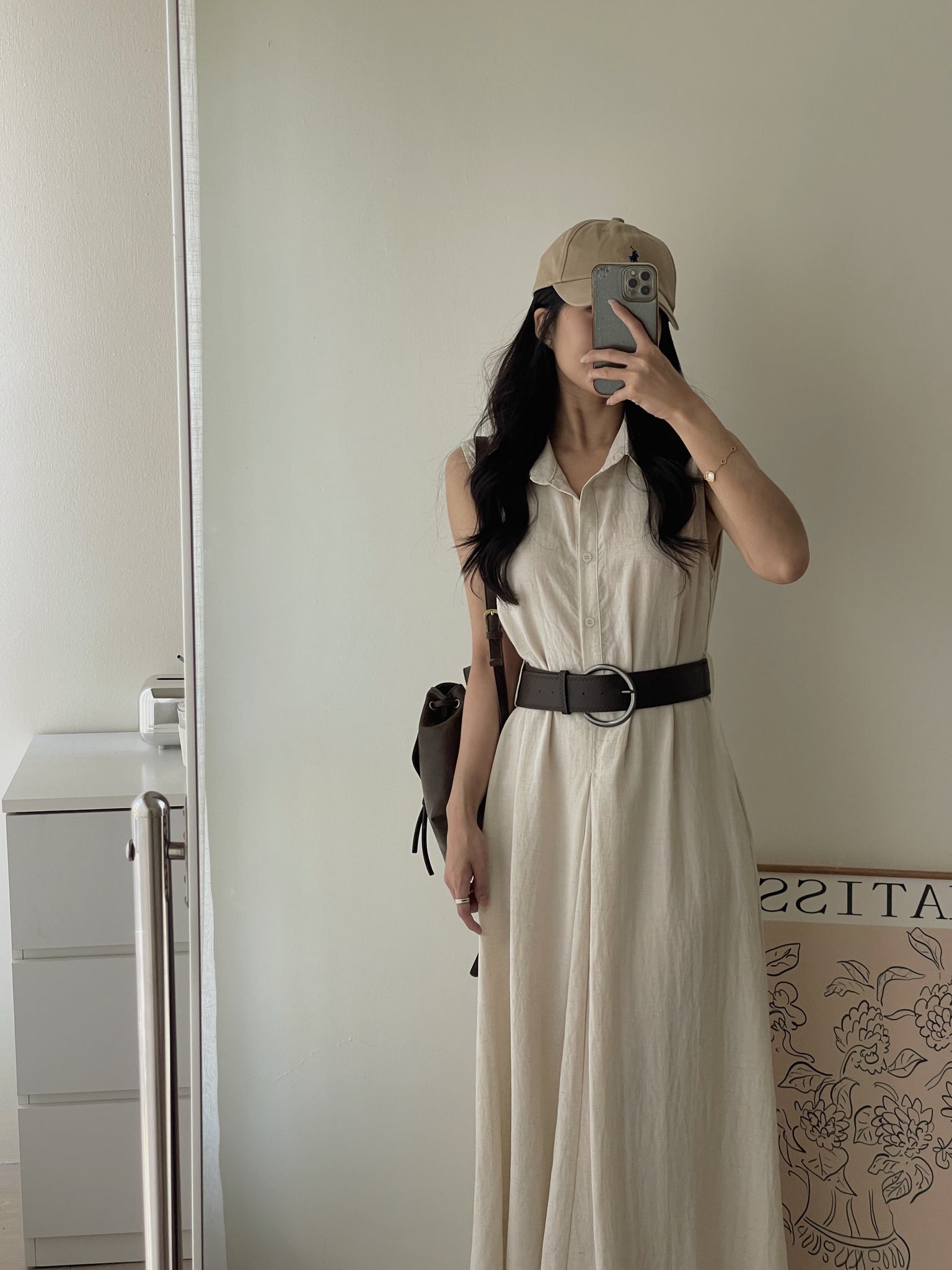 Vintage Belt Maxi Dress / 复古腰带棉麻衬衫长裙
