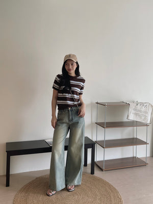 Korean Knit Round Tee / 横条撞色圆领毛衣T恤