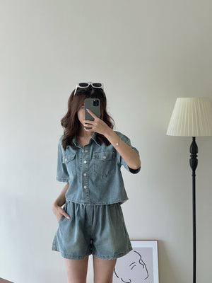 Denim Short Set / 排扣双口袋牛仔两件套