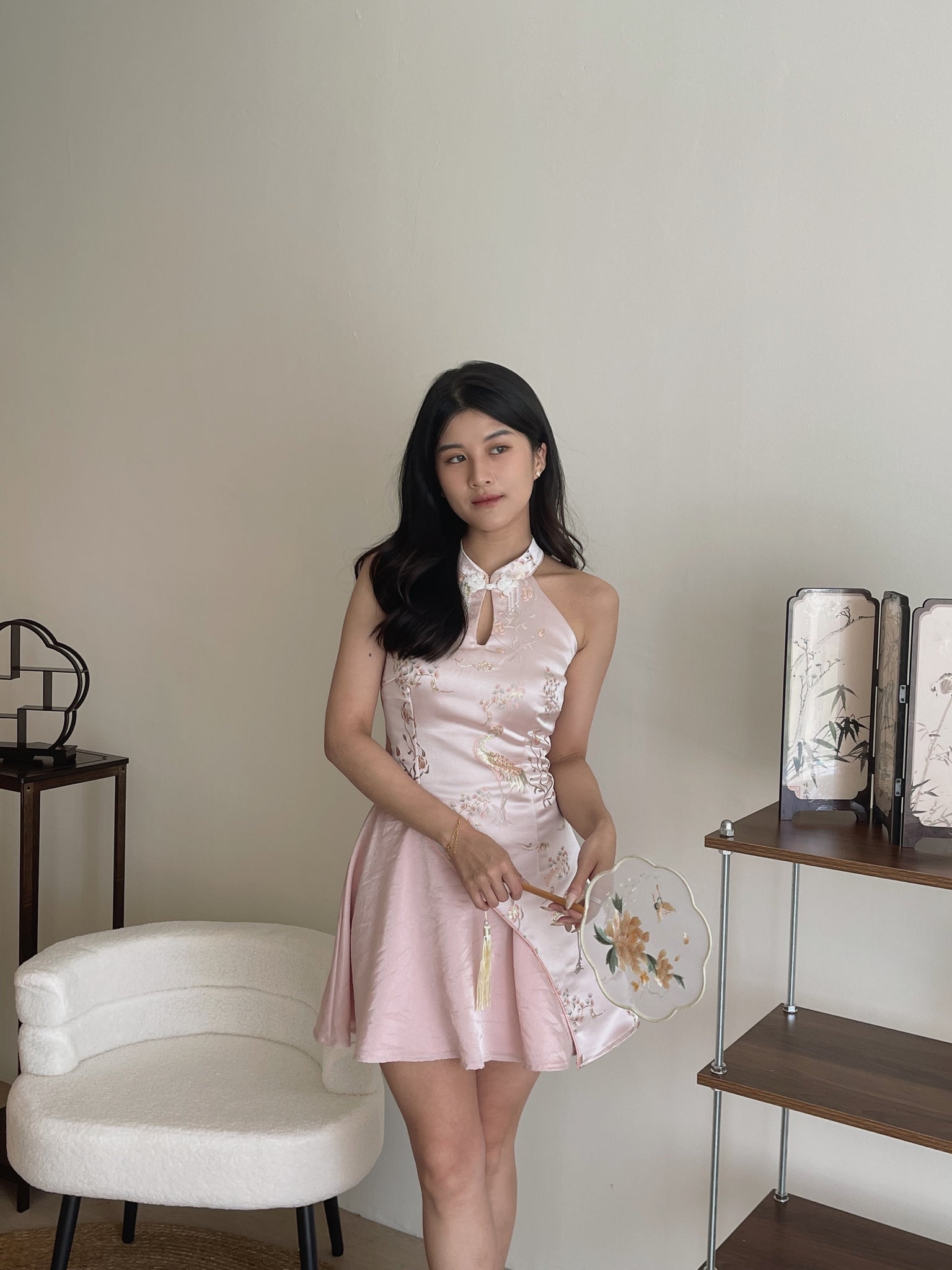 Dreamy Blossom Cheongsam Dress / 绮梦花锦挂脖拼接旗袍裙