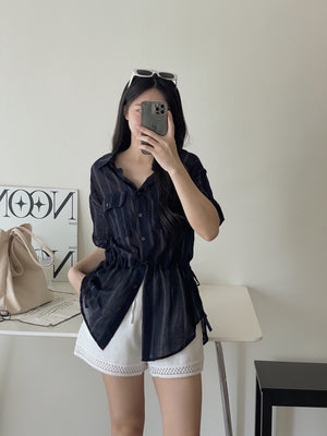 Navy Casual Striped Shirt / 慵懒宽松线条抽绳衬衫