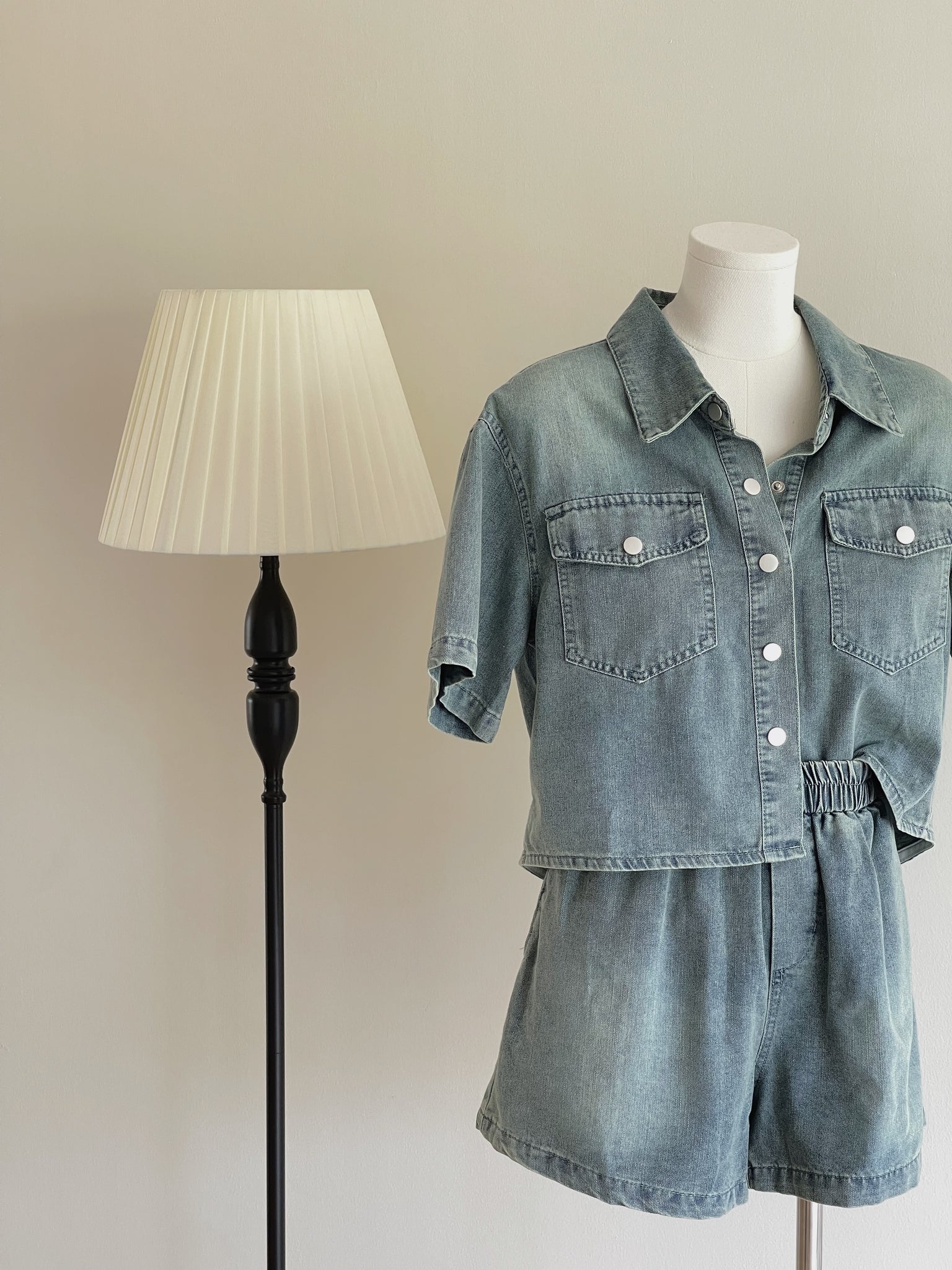 Denim Short Set / 排扣双口袋牛仔两件套