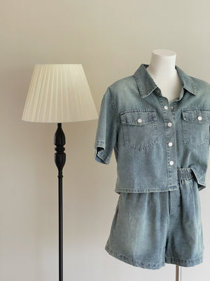 Denim Short Set / 排扣双口袋牛仔两件套
