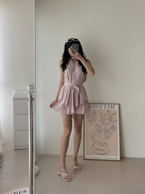 Peplum Sweet Top Set / V领收腰阔腿短裤套装