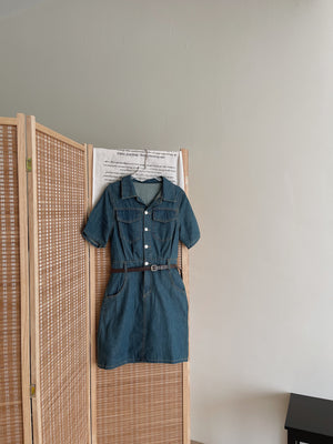 Collar Belted Denim Dress / 港风复古翻领牛仔裙