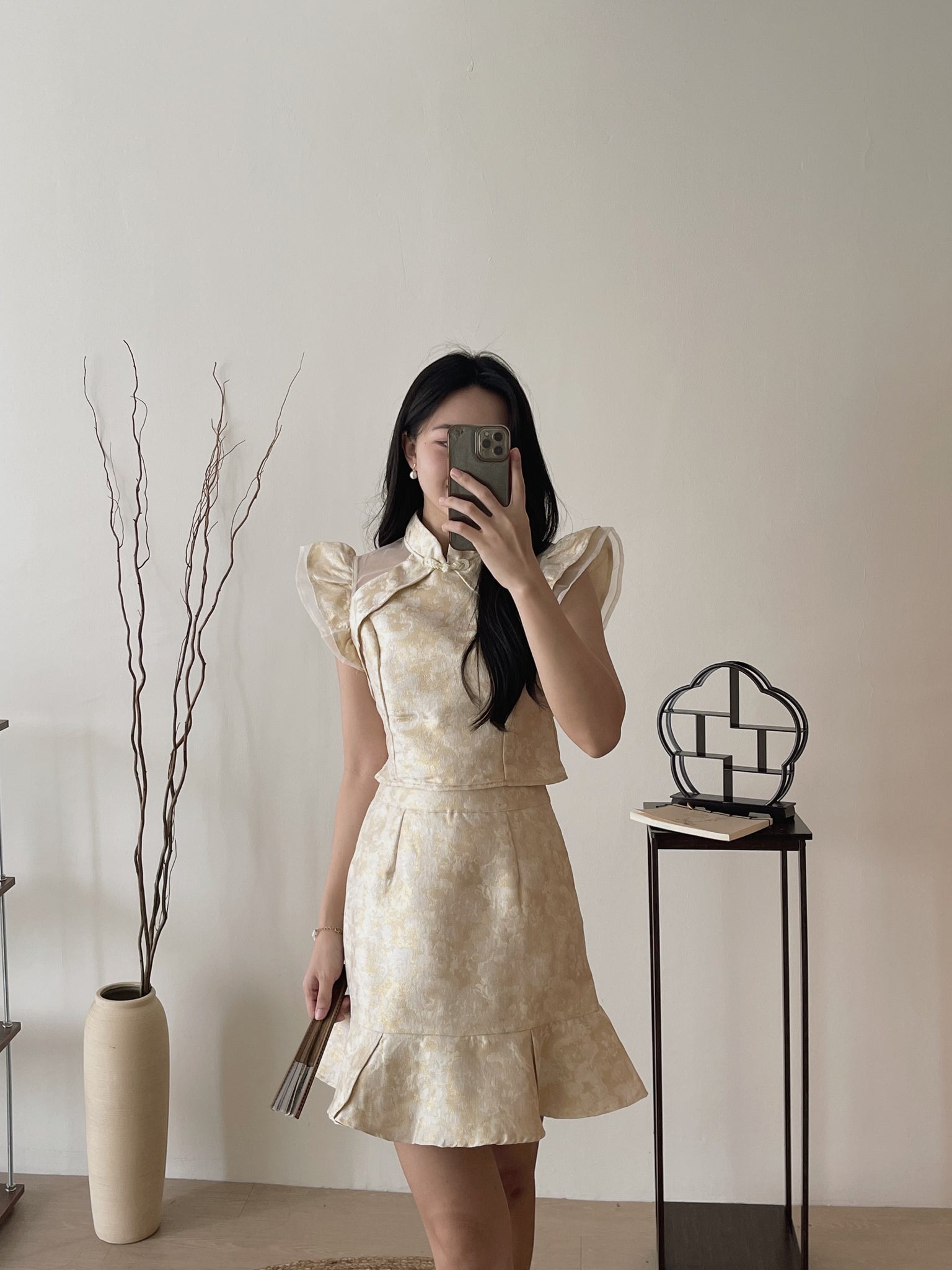 Imperial Grace Qipao Set / 锦霞灿影-盘扣对襟肩纱袖旗袍套装