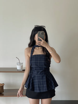 Plaid Halter Strap Tube Top / 格子围脖带上衣抹胸上衣