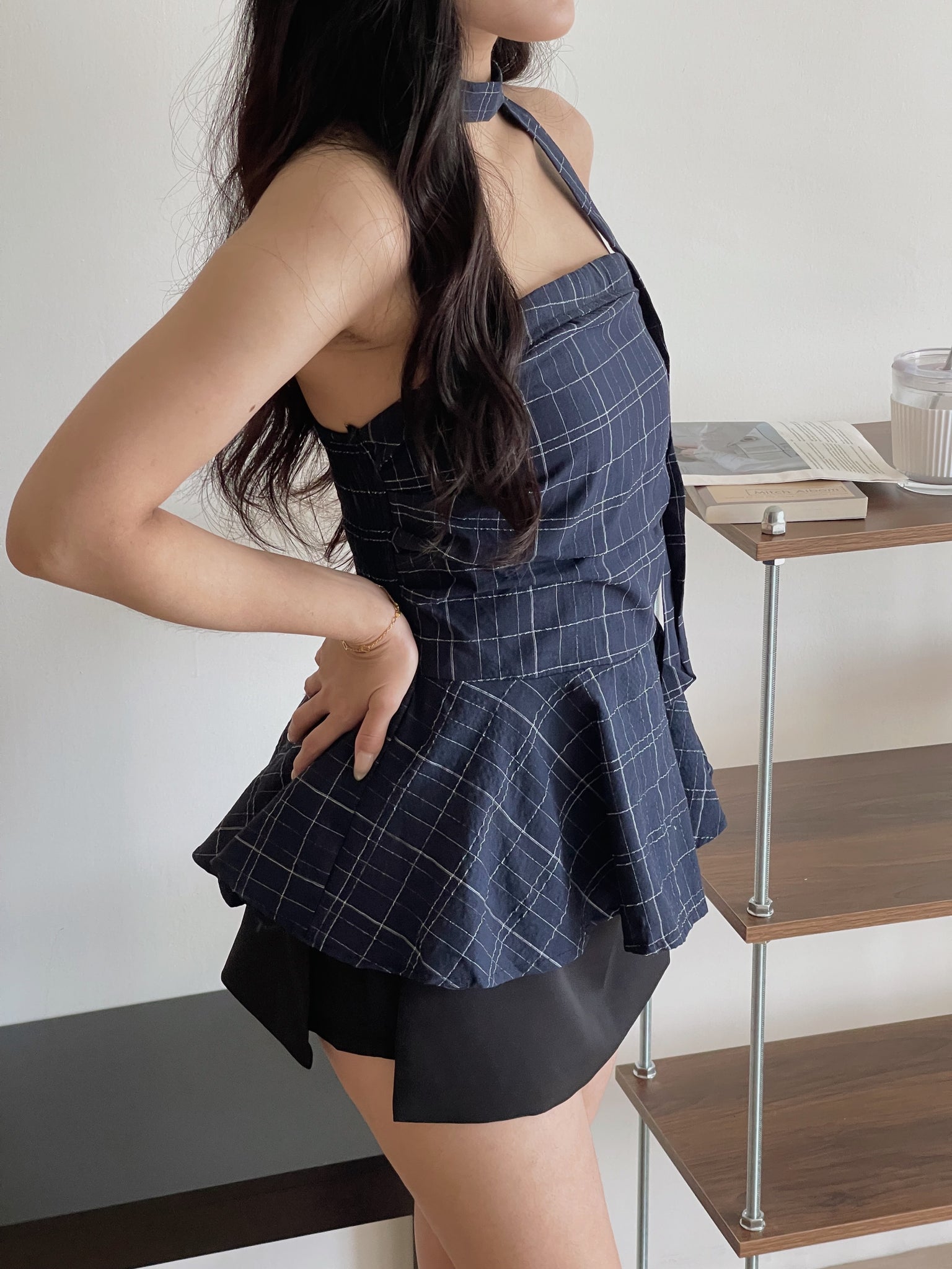 Plaid Halter Strap Tube Top / 格子围脖带上衣抹胸上衣