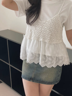 Saina Crochet 2pcs Top / 钩花针织吊带两件套