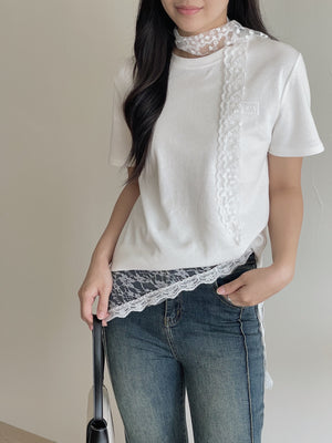 Lace Tie Plain Tee / 蕾丝带简约T恤