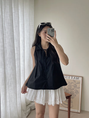 Collar Sleeveless Shirt / 系带翻领宽摆上衣