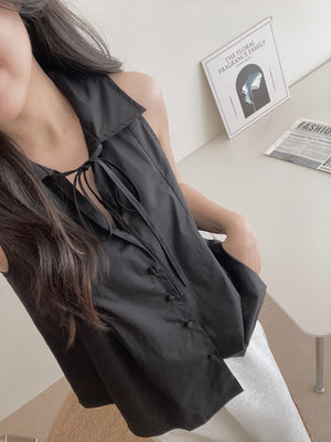 Collar Sleeveless Shirt / 系带翻领宽摆上衣