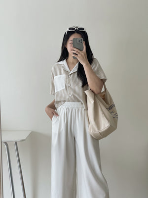 Stripes Linen Crop Shirt / 条纹翻领棉麻短衬