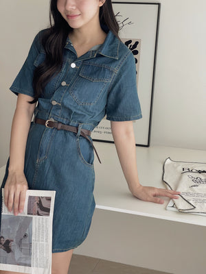 Collar Belted Denim Dress / 港风复古翻领牛仔裙