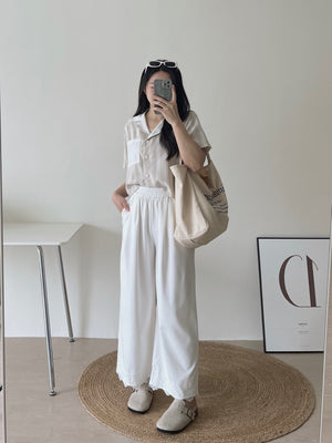 Hem Spliced Lace Pants / 蕾丝拼接花边阔腿裤