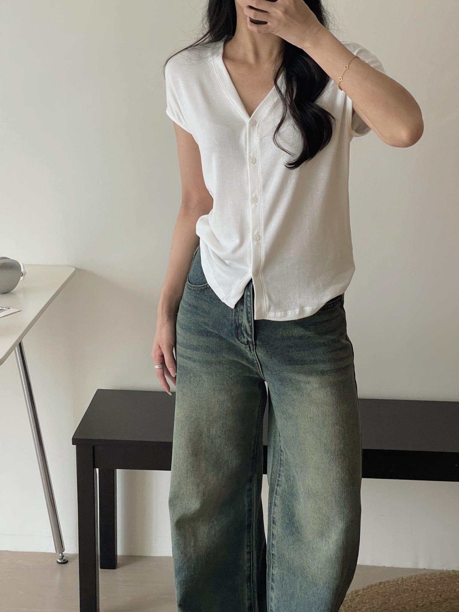 Button Knit Half Sleeve Tee / 排扣针织半袖T恤