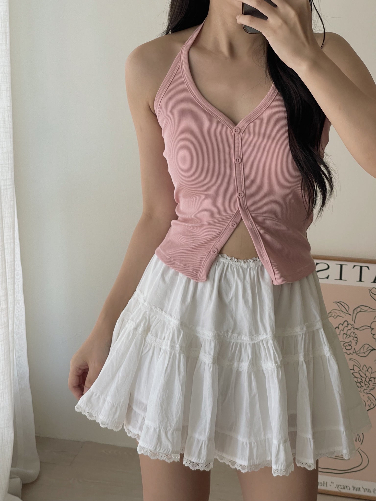 Button Halterneck Padded Top / 纯欲挂脖胸垫背心
