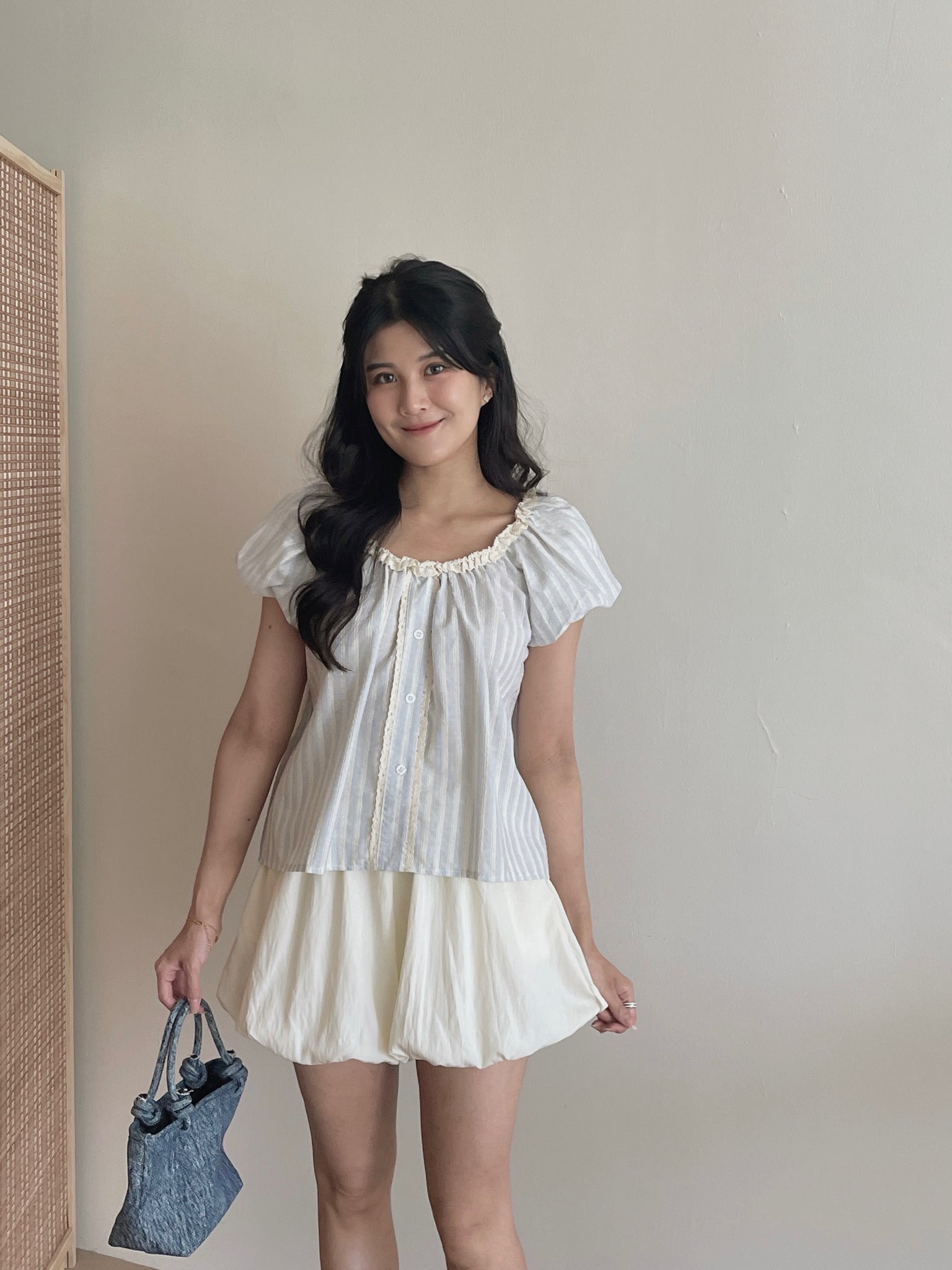 Airy Strip Puff Blouse / 泡泡袖条纹上衣