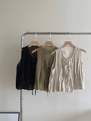 Ribbon Pleated Top / 麻料百褶蝴蝶结上衣