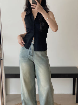 Collared Split Slim Top / 辣妹Polo领排扣修身小衫
