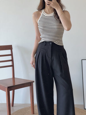 Stripes Halterneck Singlet / 杏黑条针织挂脖背心