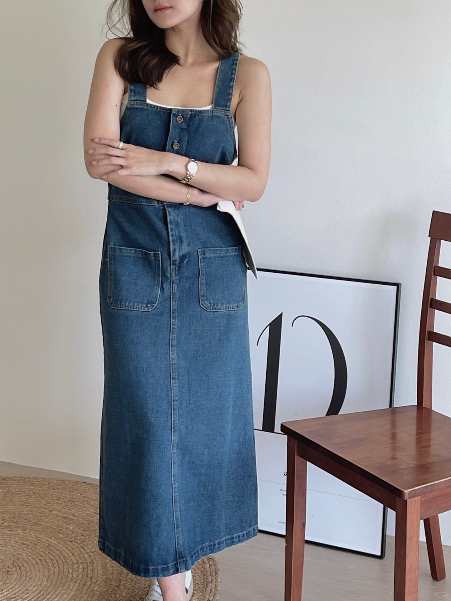 Button Up Dungaree Dress / 排扣牛仔背带长裙