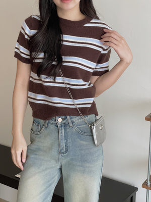 Korean Knit Round Tee / 横条撞色圆领毛衣T恤