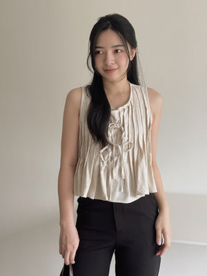 Ribbon Pleated Top / 麻料百褶蝴蝶结上衣