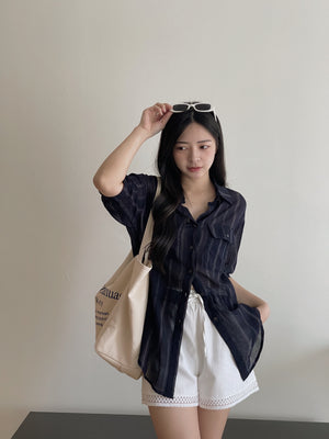 Navy Casual Striped Shirt / 慵懒宽松线条抽绳衬衫