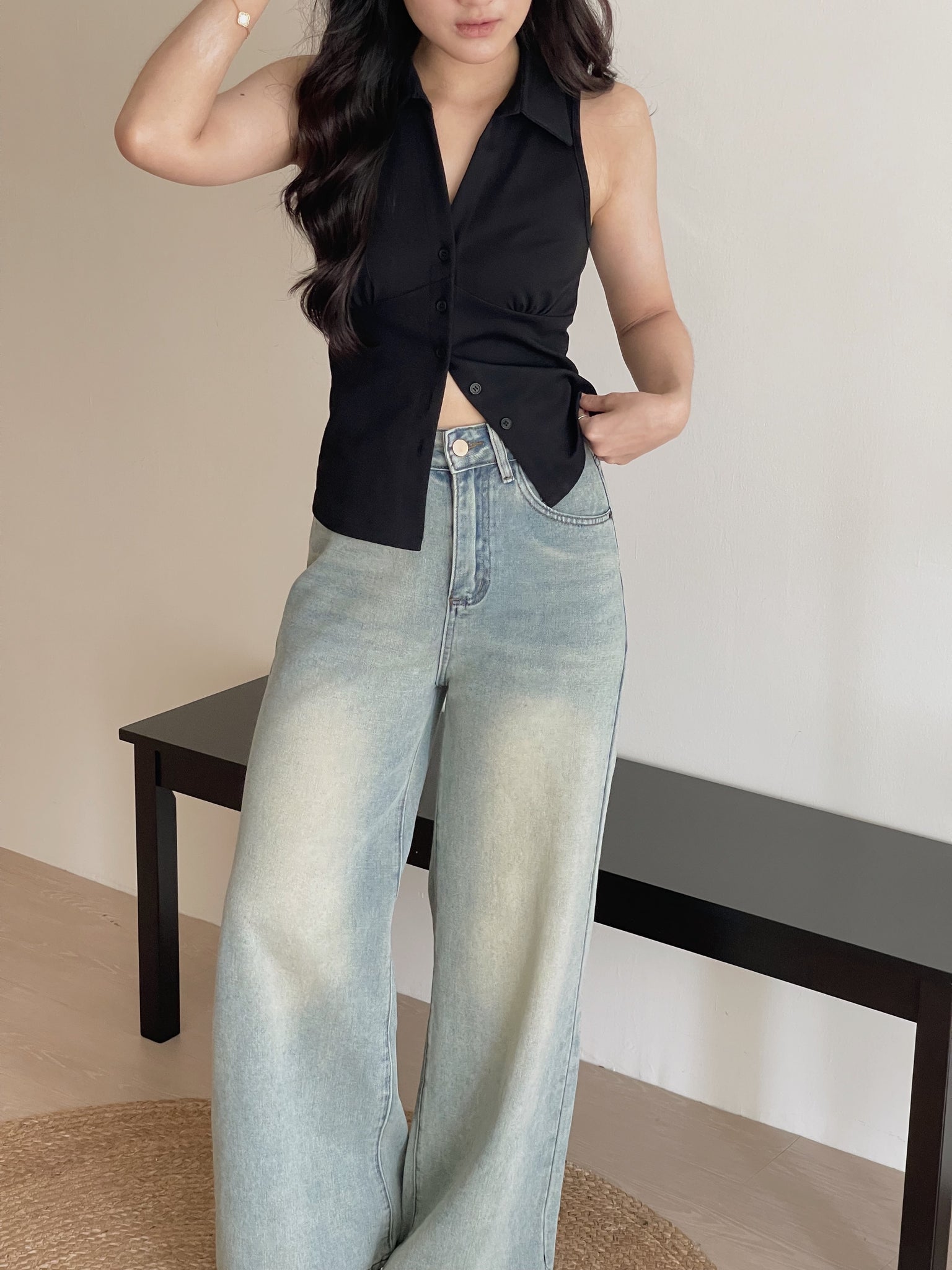 Collared Split Slim Top / 辣妹Polo领排扣修身小衫