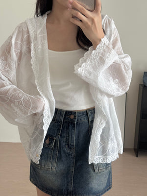 Eyelet Hooded Outer / 蕾丝刺绣连帽外套