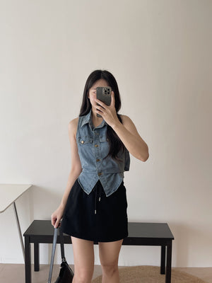 Collar Back Ribbon Top / 牛仔翻领后系带上衣
