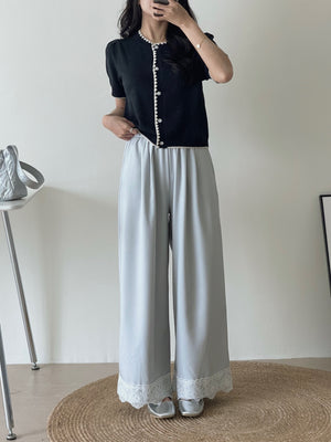Hem Spliced Lace Pants / 蕾丝拼接花边阔腿裤