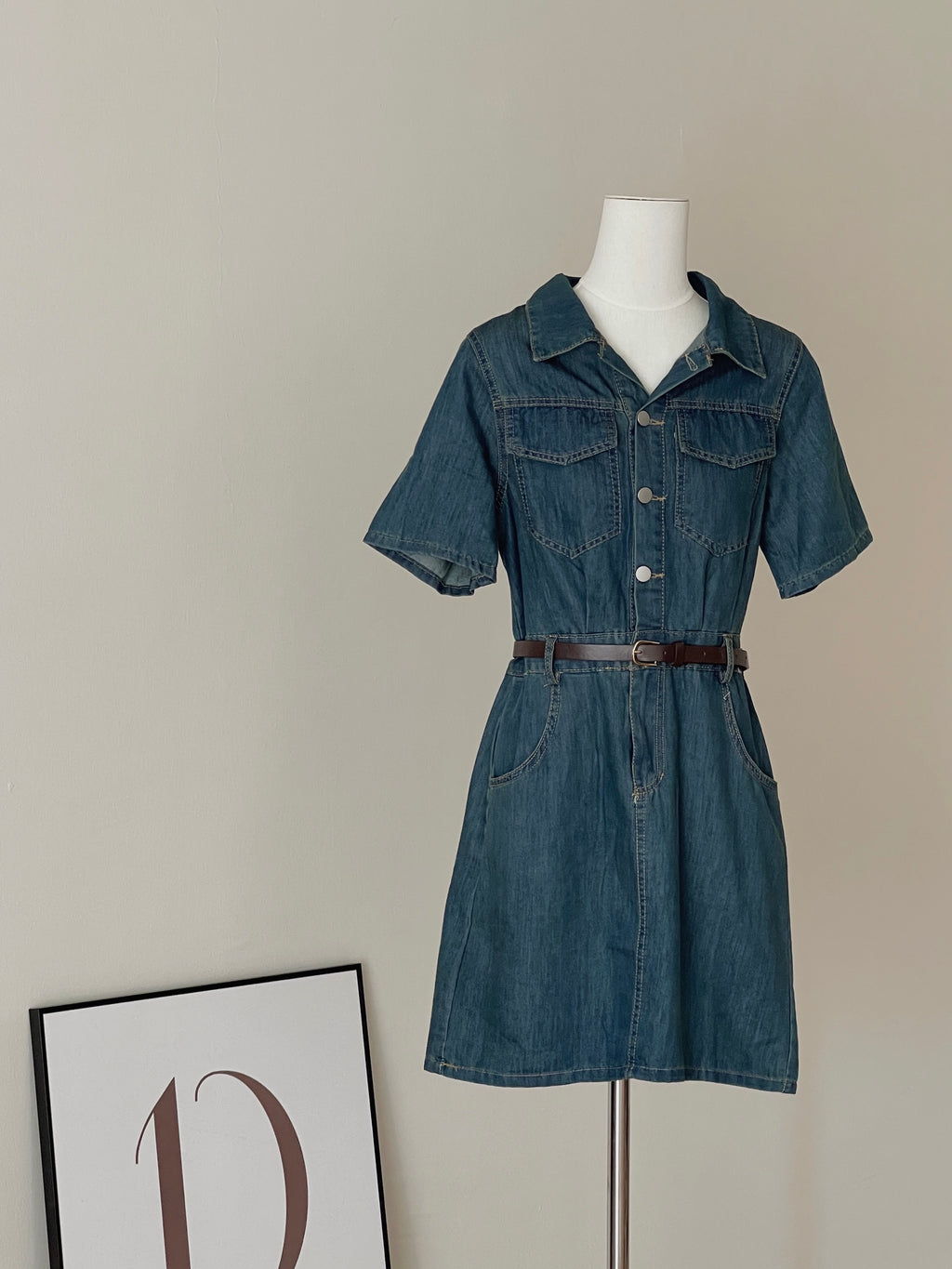 Collar Belted Denim Dress / 港风复古翻领牛仔裙