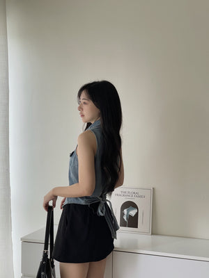 Collar Back Ribbon Top / 牛仔翻领后系带上衣