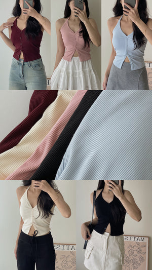 Button Halterneck Padded Top / 纯欲挂脖胸垫背心