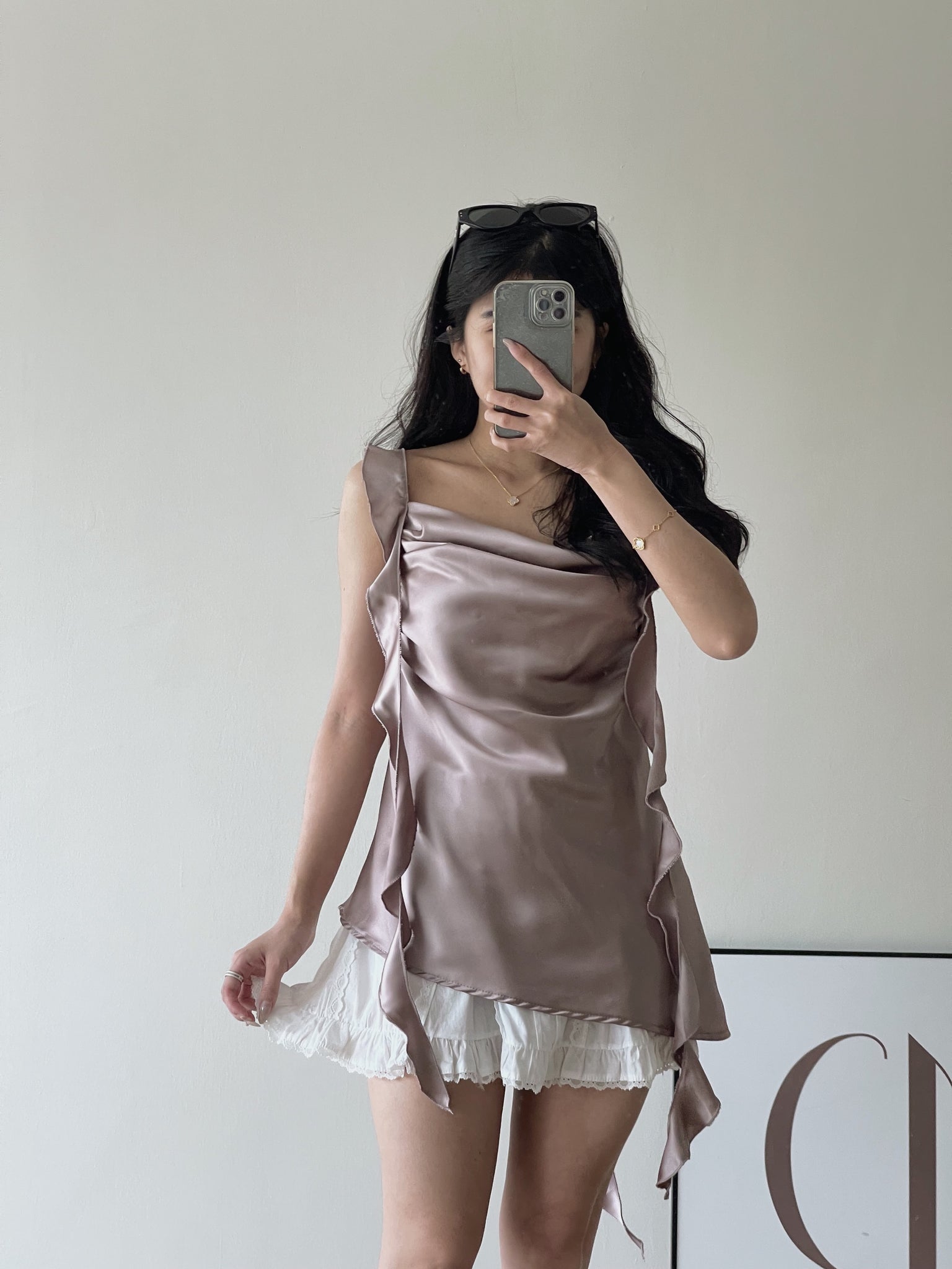 Ruffles Long Strap Top / 荷叶长肩带缎面上衣