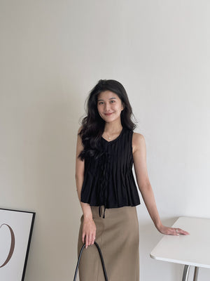 Ribbon Pleated Top / 麻料百褶蝴蝶结上衣