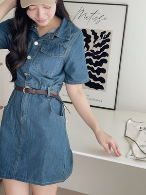 Collar Belted Denim Dress / 港风复古翻领牛仔裙