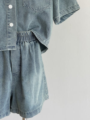 Denim Short Set / 排扣双口袋牛仔两件套