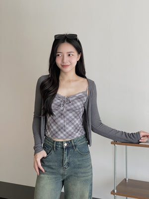 Vintage Checkered Top Set / 复古格子吊带开衫上衣
