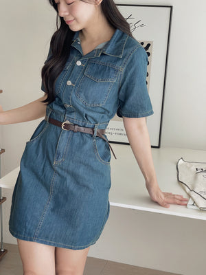 Collar Belted Denim Dress / 港风复古翻领牛仔裙