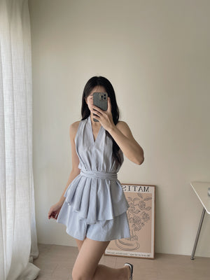 Peplum Sweet Top Set / V领收腰阔腿短裤套装