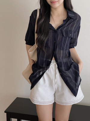 Navy Casual Striped Shirt / 慵懒宽松线条抽绳衬衫