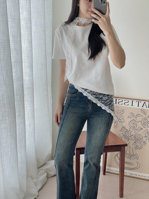Lace Tie Plain Tee / 蕾丝带简约T恤
