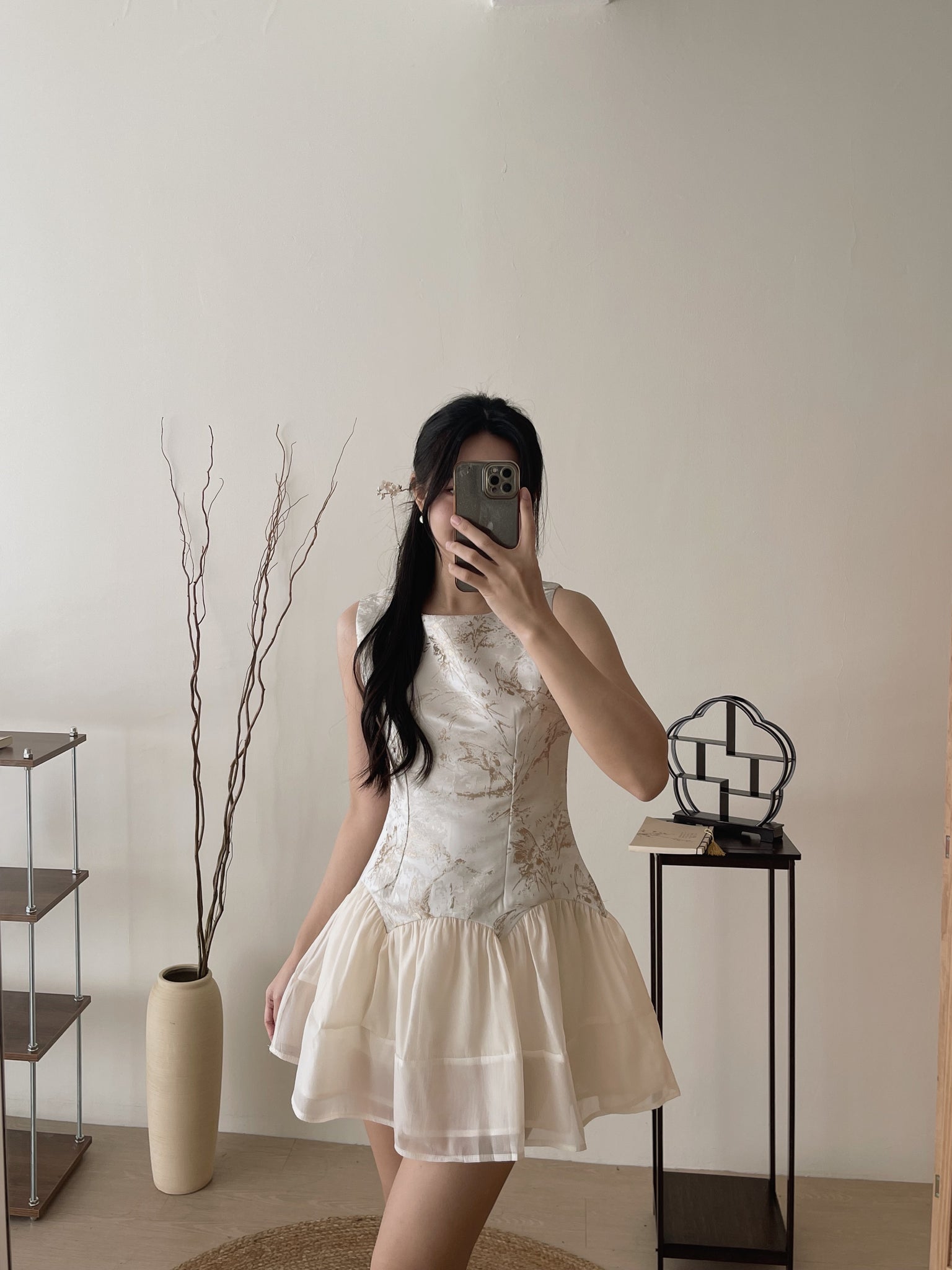 Gilded Mist Jumpsuit Dress / 烟罗织梦-金雾提花薄纱摆连体裤裙