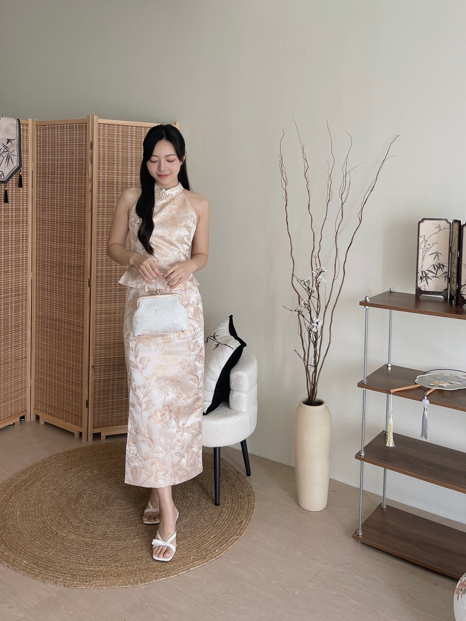 Oriental Bloom Midi Skirt Set / 【香绫花语】金丝古典气质中长裙套装